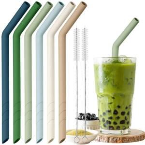 lot 19519 image: NiHome 6PCS Extra Wide Reusable Bent Silicone Straws for Boba, Smoothies, Bubble Tea, Eco-Friendly Bent Straws for St. Patrick Day Thick Drinks, Customizable Length, 2 Brushes (Nature Colors) - Retail $10