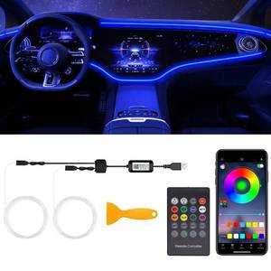 lot 19520 image: Interior Car LED Strip Lights with Wireless APP & Remote Control, RGB 2 in 1 Car Ambient Lighting Kit with 158 Inches Fiber Optic, Inside Neon Dash Strip with Music Mode - Retail $20