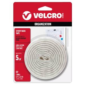 lot 19545 image: VELCRO Brand 5 Ft x 34 In  White Tape Roll with Adhesive  Cut Strips to Length  Sticky Back Hook and Loop Fasteners  Perfect for Home, Office or Classroom - Retail $6