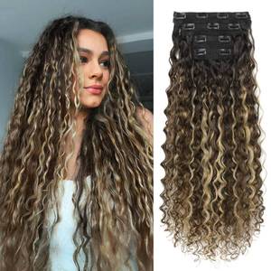 lot 19557 image: LONAI 4PC Clip in Hair Extensions, 100�� Pure Protein Silk Curly Hair Extension for Women, 26 Inch Long Soft Natural Hair Extensions-Medium Brown Ash Blonde Highlight - Retail $25