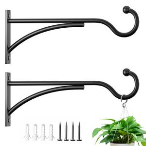 lot 19572 image: 11 Inch 2 Pack Heavy Duty Plant Hangers Outdoor, Metal Plant Brackets for Hanging Baskets, Plant Wall Hooks for Bird Feeders, Wind Chimes & Lanterns, Premium Metal Hooks Matte Black, 30lbs Capacity - Retail $13