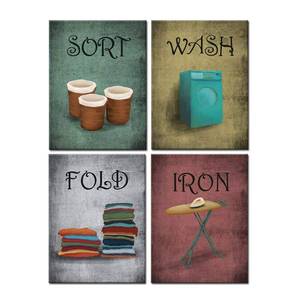 lot 20424 image: KREATIVE ARTS Vintage Wall Art Decor - Humorous Laundry Room Rules & Signs - Canvas Prints Set of 4, Stretched and Framed, Ready to Hang - Retail $40