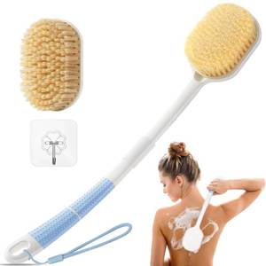 lot 20429 image: Rafow Ergonomic Back Scrubber for Shower - Anti Slip Long Handle Bath Brush with Stiff and Soft Bristles - Showering Exfoliator Wet or Dry Brushing for Women, Men, Elderly (Curved Handle Blue) - Retail $9