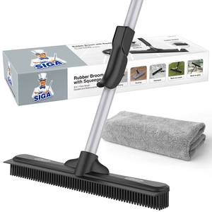 lot 20435 image: MR.SIGA Pet Hair Removal Rubber Broom with Built in Squeegee, 3 in 1 Floor Brush for Carpet, 61 inch Adjustable Handle, Includes 1 Microfiber Cloth for Floor Dusting - Retail $20