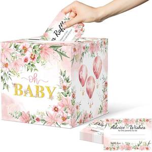 lot 20449 image: CINSOEN Baby Shower Games, Floral Diaper Raffle Box, 50 PCS Diaper Raffle Tickets Card Box with Advice and Wishes for the Parents-to-be, Baby Shower Decorations, Diaper Raffle Sign - Retail $9