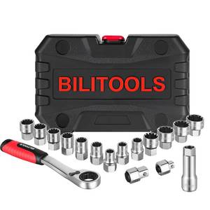 lot 20455 image: BILITOOLS 17PCS 38 & 12 Pass Through Socket Set, 2-In-1 Conversion For Standard RatchetPass-Through Ratchet, Pass Thru Go Through Mechanics Tools Set For Hex, Square, E-Torx, Spline - Retail $40