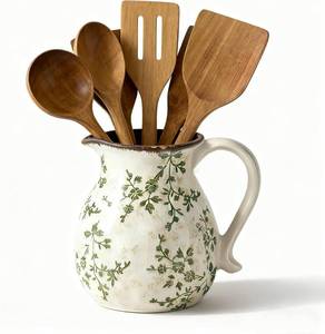 lot 20457 image: Rustic Ceramic Utensil Holder, 6.1Modern Farmhouse Cooking Utensil Holder for Kitchen Counter with Handle, Kitchen Utensil Organizer Crock for Countertop Home Decor, Vintage Spoon Tool(green rattan) - Retail $30