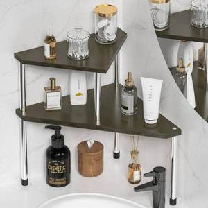 lot 20458 image: Weenson Bathroom Counter Organizer Corner Shelf - 2 Tier Bathroom Organization Bamboo Bathroom Sink Shelf Kitchen Countertop Organizer Adjustable Free-Standing Counter Storage Shelf(Antique) - Retail $24