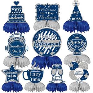 lot 20479 image: DTOFOOT 10 Pcs Retirement Party Decorations, Blue Silver Retirement Table Honeycomb Centerpieces Happy Retirement Table Topper for Men Women Happy Retirement Decorations for Party Supplies - Retail $9