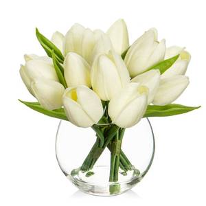 lot 20488 image: DILATATA Artificial White Tulips in Vase with Faux Water 6 Real Touch Flowers Fake Tulips Small Flowers Arrangement in Round Glass Vase for Mothers Day Table Centerpiece Wedding Home Decor - Retail $25