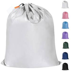 lot 20496 image: Polecasa Small Heavy Duty Laundry Bag with drawstring closure and Reinforced Handles, Easy to Carry Dirty Clothes Drawstring Bag for Travel, Camp 21x24, Silver - Retail $5