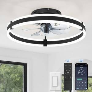 lot 21422 image: ZMISHIBO Ceiling Fans with Lights and Remote, 19.7 Low Profile Ceiling Fan, 3000-6000K Dimmable Modern Flush Mount LED Fan Light, 6 Wind Speeds, Black Fandelier Ceiling Fans for Bedroom - Retail $54