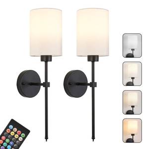 lot 21435 image: Battery Operated Wall Sconces Set of Two,Wireless Rechargeable Wall Light With Remote Control, Dimmable, Amber LightWarm WhiteNatural WhiteDaylightRGB, Timer,for Living Room,Bedroom,Entryway,Black - Retail $63