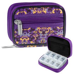 lot 21440 image: Pill Case Weekly Travel Pill Organizer for Purse with Removable 7 Day Pill Box Premium Neoprene Pill Container for Travel Purse Accessory, Vitamin, Supplement, Small Pieces Arrangement-Purple - Retail $8