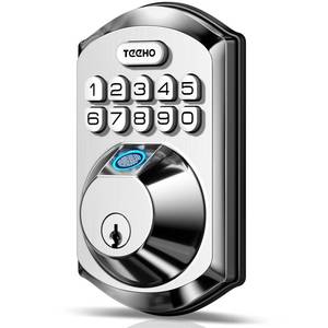 lot 21447 image: TEEHO TE002 Fingerprint Door Lock - Keyless Entry Electronic Keypad Deadbolt with 2 Backup Keys - Auto Lock - Easy Installation - Smart Locks for Front Door - Satin Nickel - Retail $43