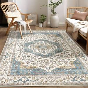 lot 21478 image: Area Rug for Living Room - 5x7 Soft Washable Oriental Vintage Floral Distressed Large Carpet - Fade Stain Resistant Non Slip Rugs for Bedroom Dining Room Nursery Dorm Office Home Decor - BlueBeige - Retail $25