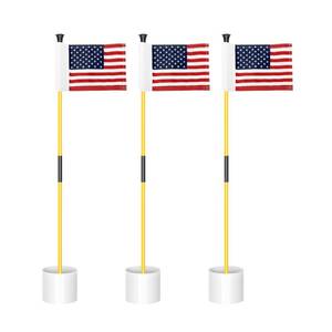 lot 21486 image: KINGTOP Miniature Golf Flagsticks, Practice Putting Green Flags for Yard, Golf Pin Flag Hole Cup Set, Portable 2-Section Design with US Flags, 3ft Pole, 3-Pack - Retail $85