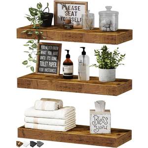 lot 21487 image: QEEIG Floating Shelves for Wall Bathroom Shelf Bedroom Kitchen Living Room Hanging Book Shelves Small Farmhouse Decor 16 inch Set of 3, Rustic Brown (015-BN3) - Retail $30