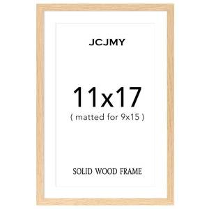 lot 21490 image: JCJMY 11x17 Solid Wood Picture Frame, Display 9x15 with Mat or 11 x 17 without Mat, Wooden 11 by 17 Photo Frame with Shatter Resistant Plexiglass for Wall Hanging, 1 Pack, Natural - Retail $10