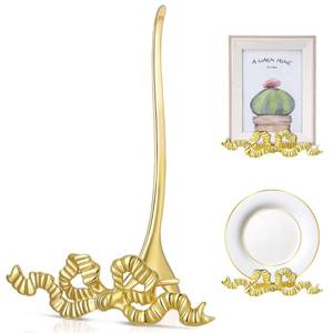 lot 21497 image: Reallnaive Gold Bowknot Plate Stand for Display Bow Iron Easel Display Picture Frame Holder Stand for Book Plate Photo Art Plaque for Cabinet Kitchen Counter Bar Restaurant Cafe(5 x 6 x 3.5 Inch) - Retail $17