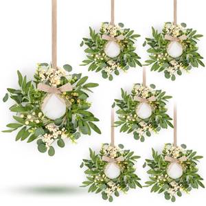 lot 21506 image: 6 Pcs Green Eucalyptus Swag Wreaths for Pillars Spring Summer Kitchen Cabinet Wreaths Mini Green Berry Leaves Wreath with Ribbon for Front Door Porch Wall Window Farmhouse Decoration - Retail $27