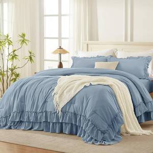 lot 21508 image: Andency Twin XL Ruffle Comforter Set, 2 Pieces Shabby Chic Farmhouse Bedding Set, Lightweight Soft Comforter Set 68�92In for Girls Women (1 Comforter 1 Pillowcase), Grayish Blue - Retail $103