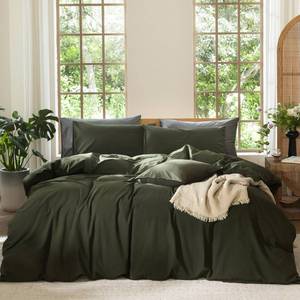 lot 21509 image: MooMee Bedding Duvet Cover Set 100% Washed Cotton Linen Like Textured Breathable Durable Soft Comfy (Solid Olive Green, Queen 90x90) - Retail $70