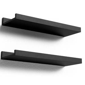 lot 21515 image: Boswillon Floating Shelves Wall Mounted Set of 2, Modern Black Wall Shelves for Storage with Lip, Display Picture Ledge Shelf for Wall Decor Bedroom Living Room Bathroom Kitchen - Retail $14