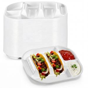 lot 21520 image: Baderke 60 Pack Disposable Plastic Taco Plates, Fiesta Tacos Holder Tray PP Taco Holder Plates with 2 Dividers for Soft & Hard Shells for Tacos Tuesday Bar, Parties, Picnics (White) - Retail $23