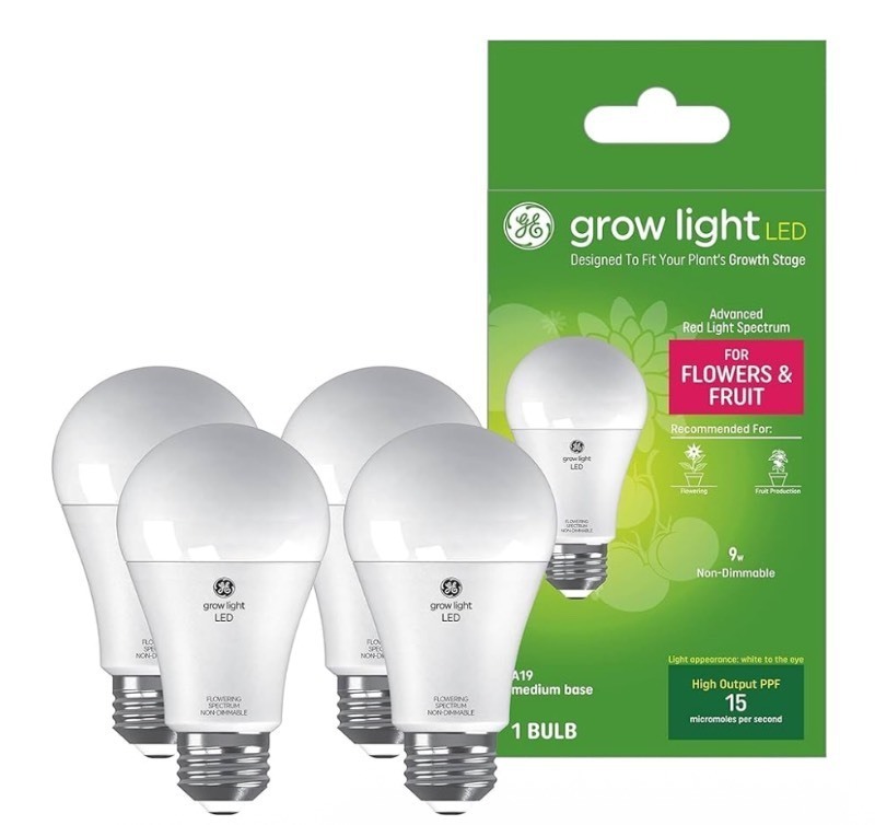 lot 42 image: GE Grow LED Light Bulb, for Flowers and Fruit, Advanced Red Light Spectrum, Medium Base, A19 Bulb Shape (Pack of 4)