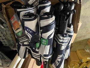 lot 203 image: Box of 30 Button Release RainAlertz Blue & White Umbrellas - Church Sponsored - See images