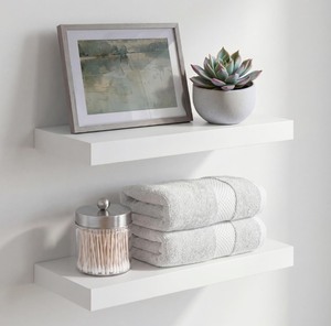lot 32 image: Homeforia White Floating Shelves 16 inch, High End Solid Real Wood 16inch Bathroom Floating Shelf for Wall Mounted, White Wooden 16 Floating Shelves, Heavy Duty Bracket, 16 X 6.5 X 1.75 inch, Set of 2