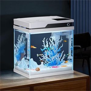 PONDON Smart Fish Tank 4 Gallon, Small Beta Fish Aquariums Startar Kit with Automatic Feeder, Glass Betta Tank with Filter and Light (4-Gal White)