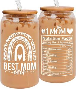 lot 5257 image: HEXMOZ Valentines Day Gifts for Mom from Daughter, Son, Kids, Husband - Funny Mom Gifts - Moms Gift for New Moms, Wife, Mama from Husband - 16oz Glass Drinking Cup with Straw Gift Box