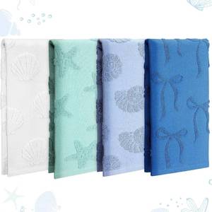 lot 5289 image: Hahafelt 4 Pack 3D Jacquard Coastal Bathroom Hand Towels Blue Bow Starfish Seashell Hand Towels 100% Cotton Soft Absorbent Decorative Ocean Coastal for Home Bath Kitchen Summer Gifts 13.8 x 29.5 Inch