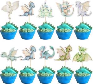 lot 5303 image: Gyufise 36 Pcs Dragon Cupcake Toppers & Picks - Blue Dragon Baby Shower Decorations for Kids Birthday Party Cake Decorations