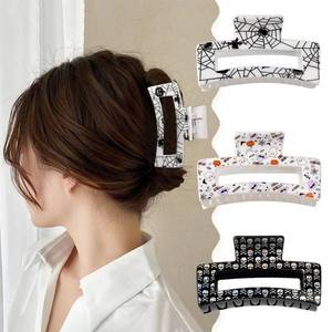 lot 5338 image: 3PCS Halloween Hair Claw Clip Large Square Hollowed Shark Claw Clips for Thick Thin Hair Spider Web Pumpkin Ghost Skull Design Hair Clips Exquisite Matte Halloween Hair Accessories for Women Girls