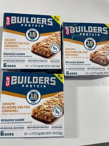 lot 5347 image: THREE BOXES - CLIF BUILDERS Protein Bars Crispy Almond Salted Caramel, Reduced Sugar, Gluten Free, 6ct