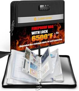 lot 5398 image: Fireproof Document Organizer Bag with Combo Lock & Zipper, Water-Resistant,16-Page Set (A4 9, B5 Undivided 3, B5 2-Comp 2, Card 6-Slot 2), Liner, Reflective Stripe, 14 10.5 1.8, Black