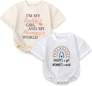 lot 5403 image: 2Pcs Baby Girl Romper for Father s Day,  Daddy s Girl & Mommy s World  Outfit, Bodysuit Short Sleeve Infant for 0-24 Months