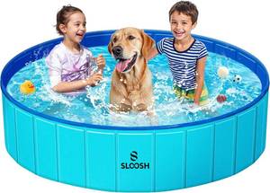 lot 5411 image: SLOOSH Foldable Dog Kiddie Pool - Portable Hard Plastic Doggie Swimming Pool, Anti-Slip Collapsible Pets Bath Tub Suitable for Kids Indoor Outdoor Backyard Use (Blue, 63 x 12)