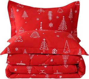 lot 5435 image: JSD Red Kids Christmas Comforter Set Twin Size, 2 Piece Xmas Tree Printed Microfiber Bedding Set, Machine Washable