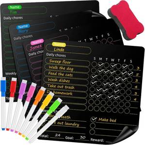lot 5609 image: Magnetic Chore Chart for Kids, 4 Pcs Dry Erase Behavior Charts and 6 Colored Markers with Eraser Caps with 1 Eraser, Reward Chart for Multiple Kids Teens Adults Family, Chores Chart for Kids (Black)