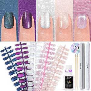 lot 5614 image: Cat Eye Press on Nails Short 5 Styles, Jofay Fashion 120Pcs Salon-Like Fake Nails with Glitter Galaxy Chasing Light Cat Eye Designs, Artificial Acrylic Nails Gel Glue on Nails Stick on Nails for Women