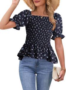 lot 5637 image: Womens Puff Short Sleeve Babydoll Tops baige Summer Peplum Blouse Smocked Square Neck Loose Fit Ruffle Dressy Tee Shirts, Size Small, ColorPattern Varies from Stock Photo