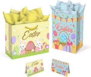 lot 5640 image: Aviski 2 PACK Easter Gift Bags, 13 x 10.2 x 4.9 in, with Greeting Cards and Tissue Paper, Winter Holiday Paper Bags for Party Favor, Gift Wrapping