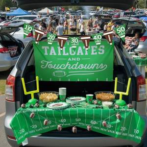 lot 5641 image: Gilprop 3 Pcs Tailgate Party Decorations Football Supplies with Tablecloths Flags Banner and Backdrop Banner for Tailgate Games Day Birthday Party Decoration