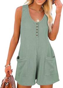 lot 5670 image: AlvaQ Womens Short Jumpsuits Solid Color Summer Casual Waffle Button Front Sleeveless Rompers with Pockets 2XL