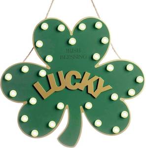 lot 5690 image: Lighted Holiday Wall Hanging Decor, St. Patrick s Day Shamrock Green Wreath, Lucky Irish Blessing Front Door Sign with LED Lights, Wooden Spring Wreath for Home Wall & Door Decoration Party