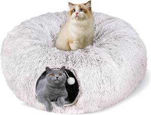 lot 5717 image: Cat Tunnel Bed for Indoor Cats, Peekaboo Cat Cave with Washable Soft Play Mat, Furry Cat Tube, for KittenPuppyRabbit, Brown